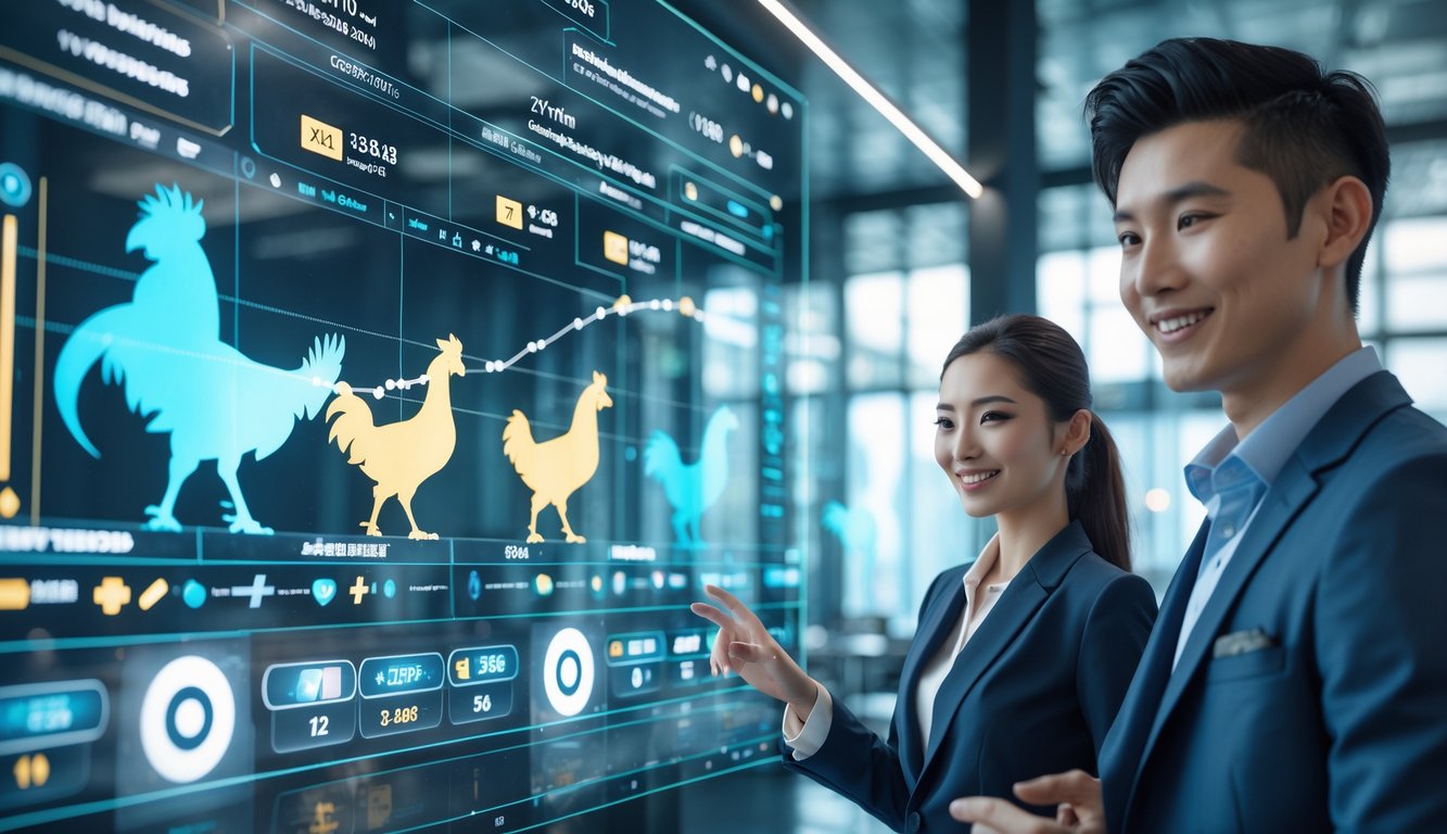 Dua orang muda menggunakan antarmuka digital transparan yang menampilkan grafik dan siluet ayam sabung di sebuah kantor modern.