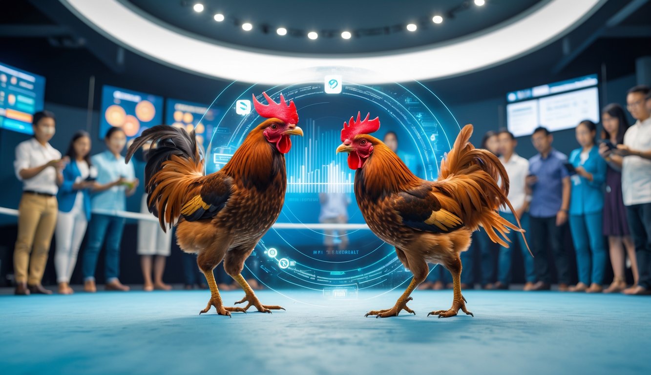Dua ayam jago sedang bertarung di arena dengan penonton yang memperhatikan, di latar belakang terlihat elemen digital yang menunjukkan teknologi modern.