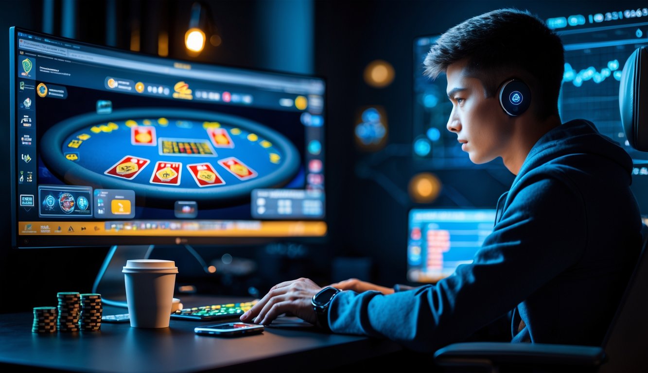 Seorang pemain muda fokus bermain poker online di depan komputer dengan kartu dan chip di meja.