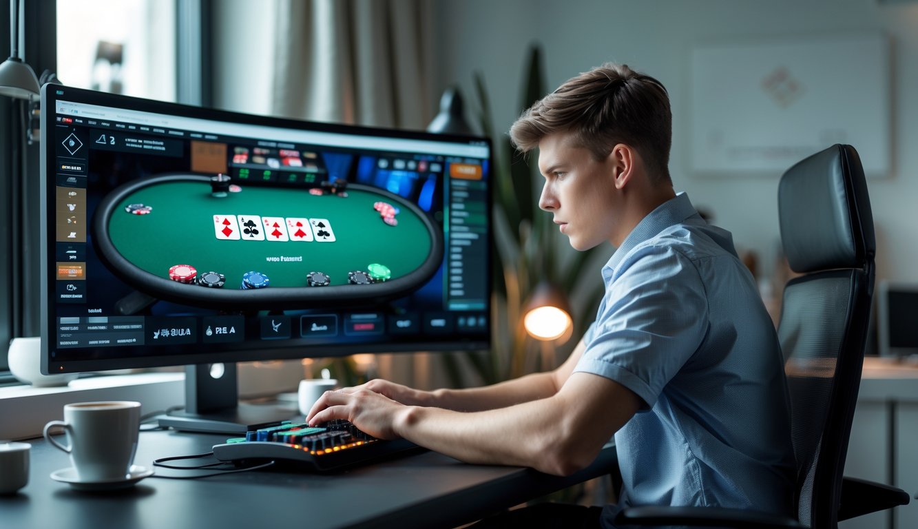 Seorang pemain muda duduk di depan komputer yang menampilkan permainan poker online dengan chip dan kartu, di ruang kerja rumah yang nyaman.