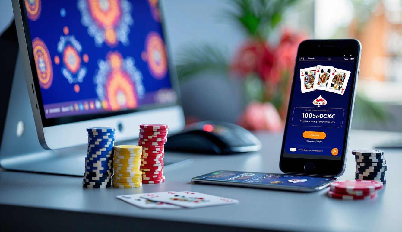 Sebuah meja dengan komputer, chip poker, kartu remi, dan ponsel yang menampilkan aplikasi poker, dengan elemen budaya Indonesia di latar belakang.