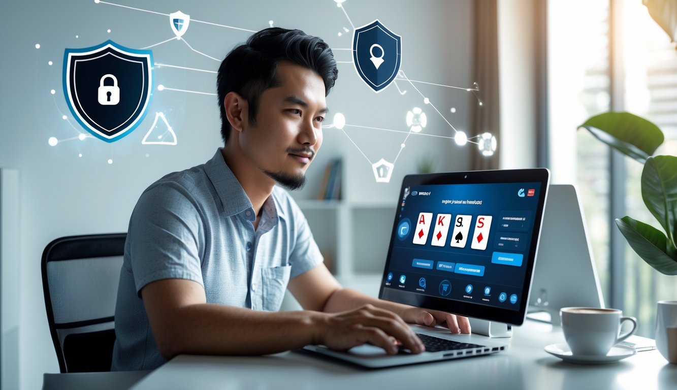 Seorang pria Indonesia duduk di meja dengan laptop, fokus bermain poker online dalam suasana ruangan yang terang dan rapi.