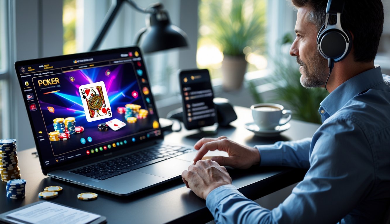 Seorang pemain dewasa duduk di depan laptop yang menampilkan permainan poker online dengan tumpukan chip di meja dan suasana ruangan yang terang dan rapi.