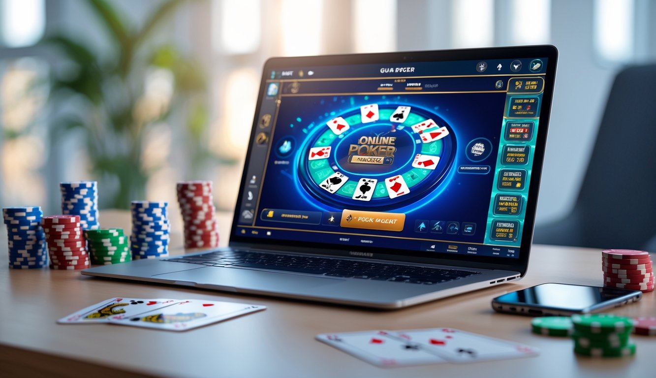 Seorang pemain poker online sedang bermain di laptop dengan chip dan kartu poker di meja.