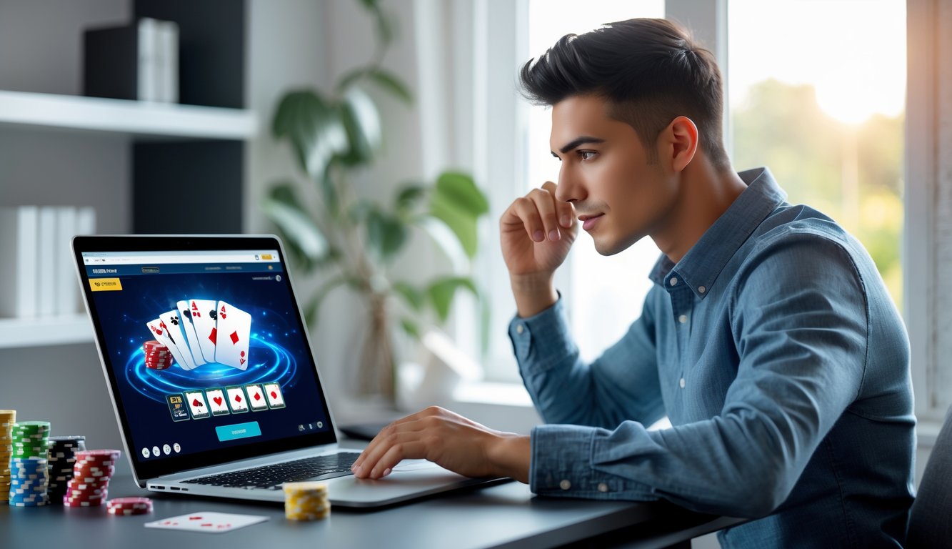 Seorang pria muda duduk di meja dengan laptop yang menampilkan permainan poker online, di ruang kerja yang terang dan nyaman.
