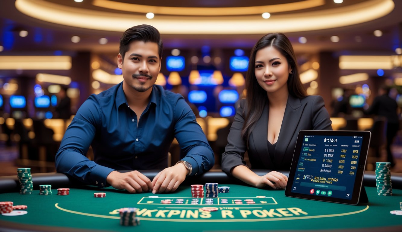 Seorang pria dan wanita duduk di meja poker dengan chip dan kartu, terlihat fokus dan serius dalam suasana kasino yang aman dan nyaman.