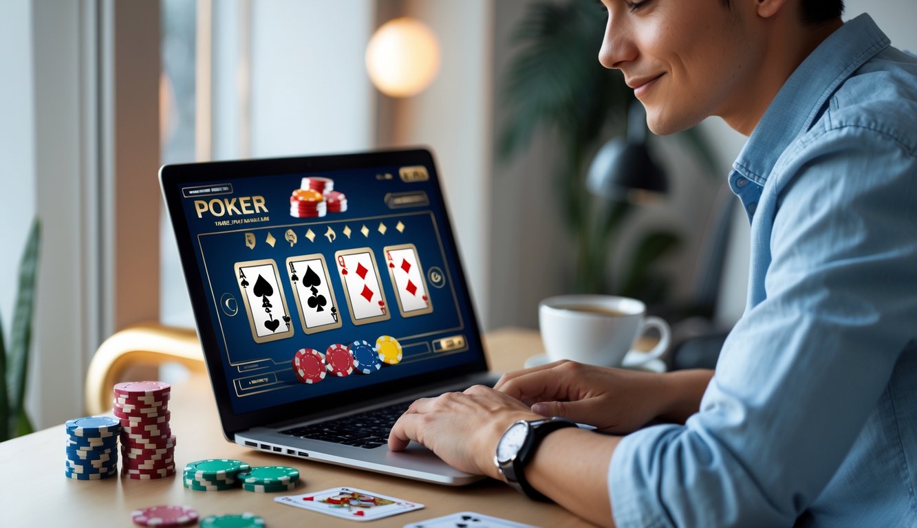 Seorang dewasa muda bermain poker online di laptop di ruang kerja rumah yang nyaman dengan chip poker dan kartu di meja.