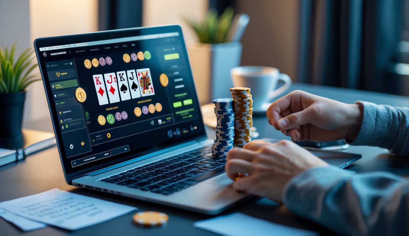 Seorang pemain poker online sedang bermain di laptop dengan tumpukan chip dan kartu di atas meja di ruang kerja yang rapi.