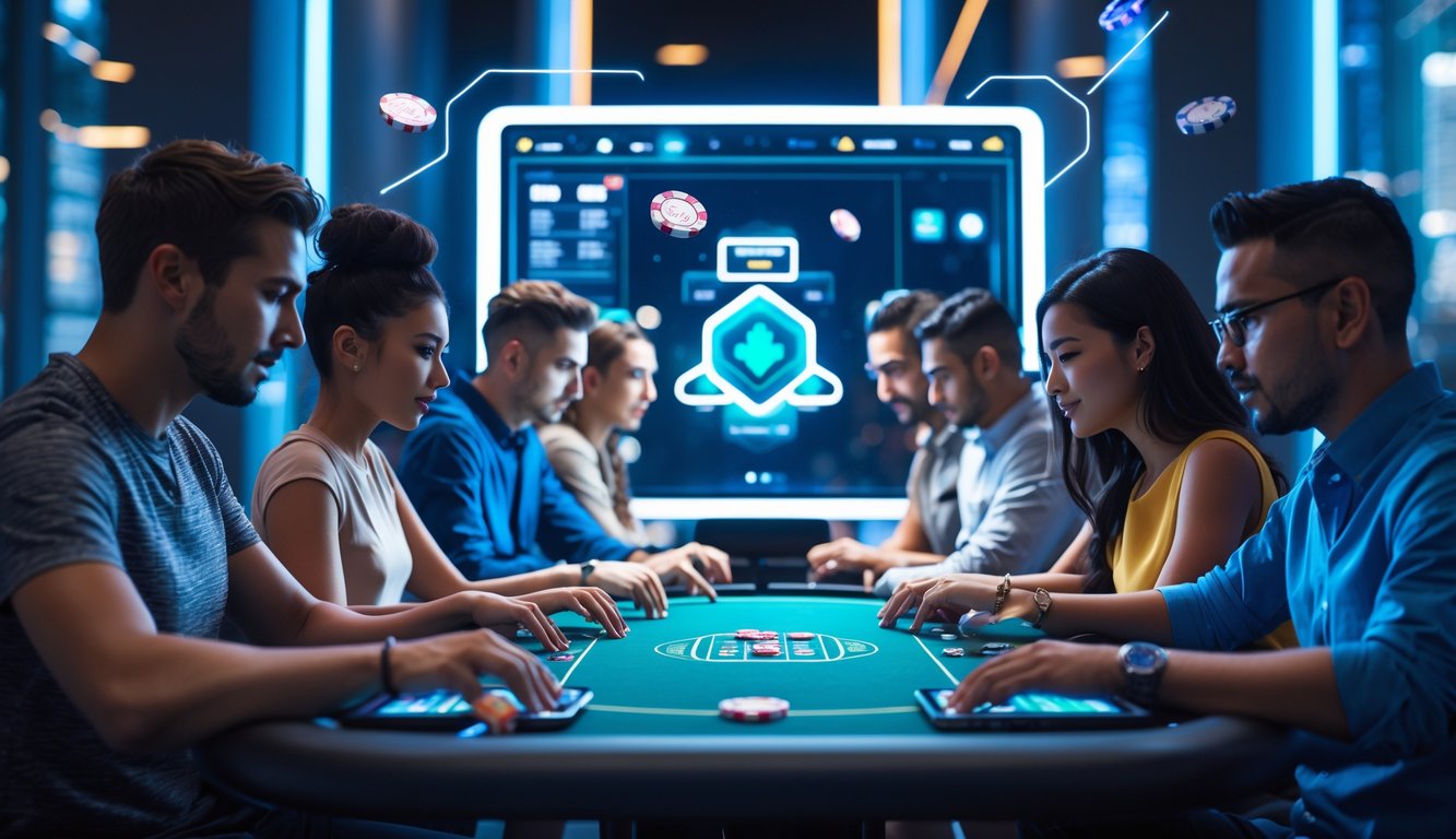 Beberapa orang sedang bermain poker online di perangkat digital di lingkungan rumah yang modern dan futuristik.