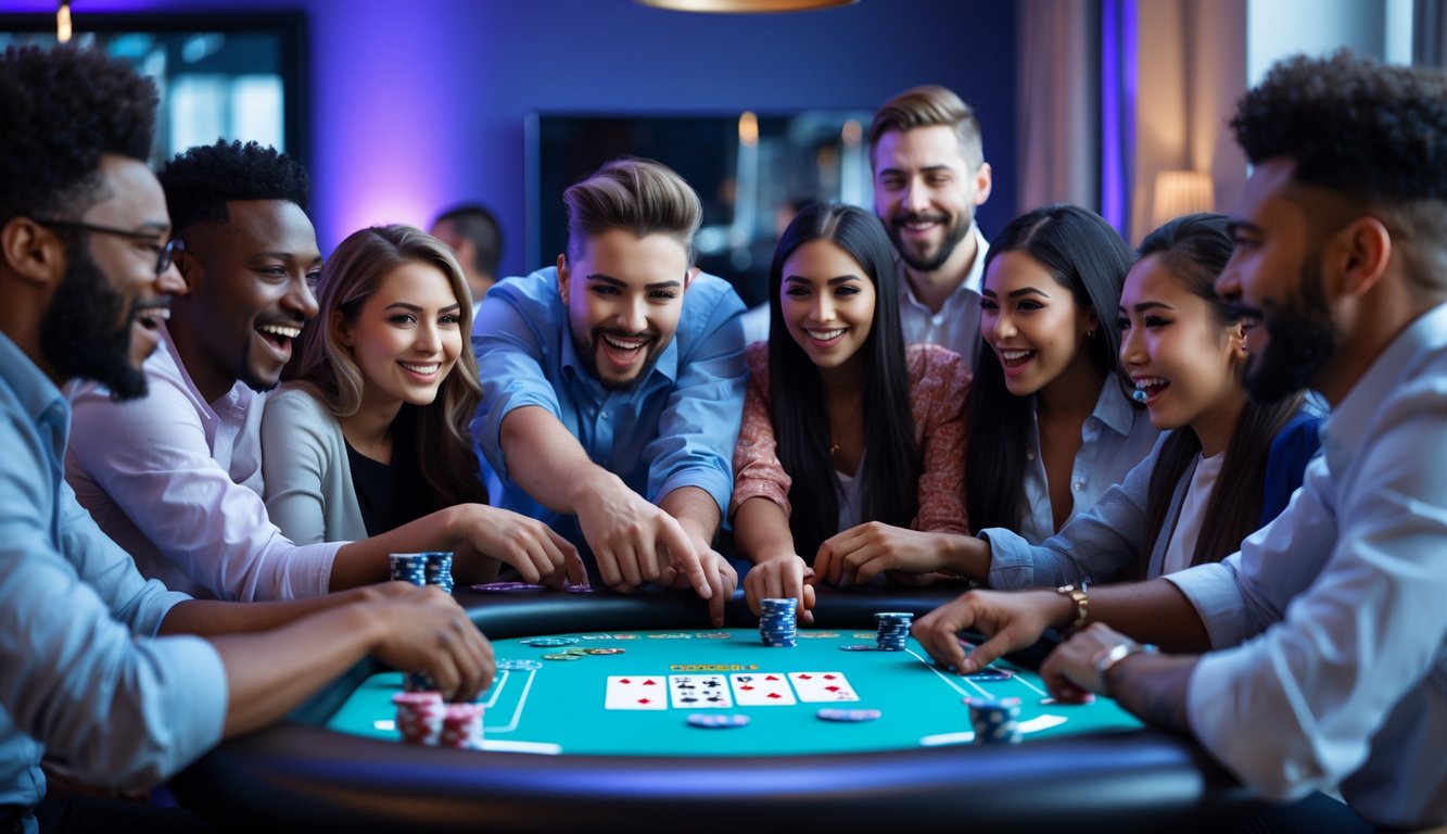 Sekelompok orang beragam antusias bermain poker online bersama di meja digital dalam ruangan modern.