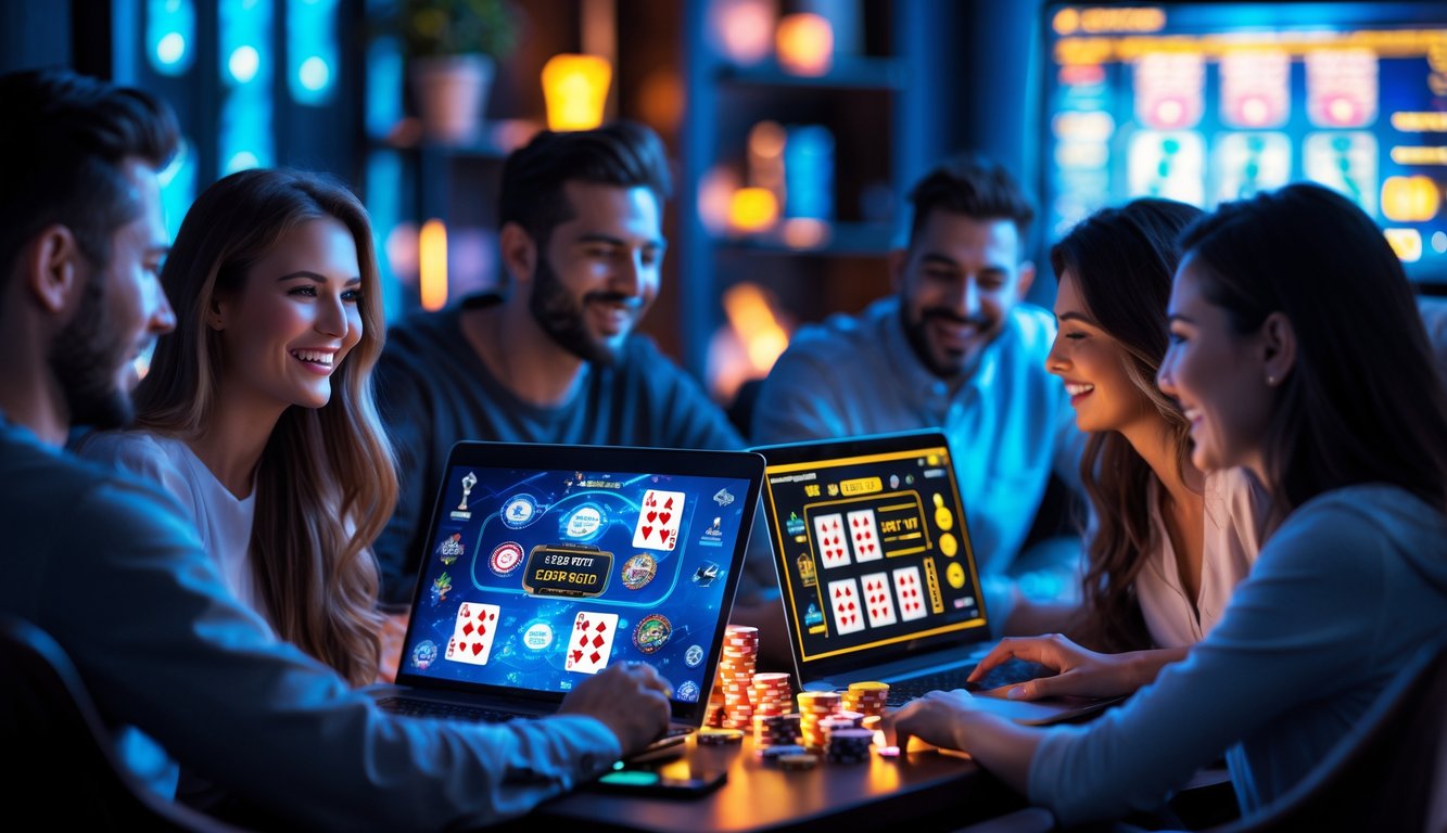 Beberapa orang sedang bermain poker online dengan ekspresi fokus dan senang di ruangan yang nyaman.