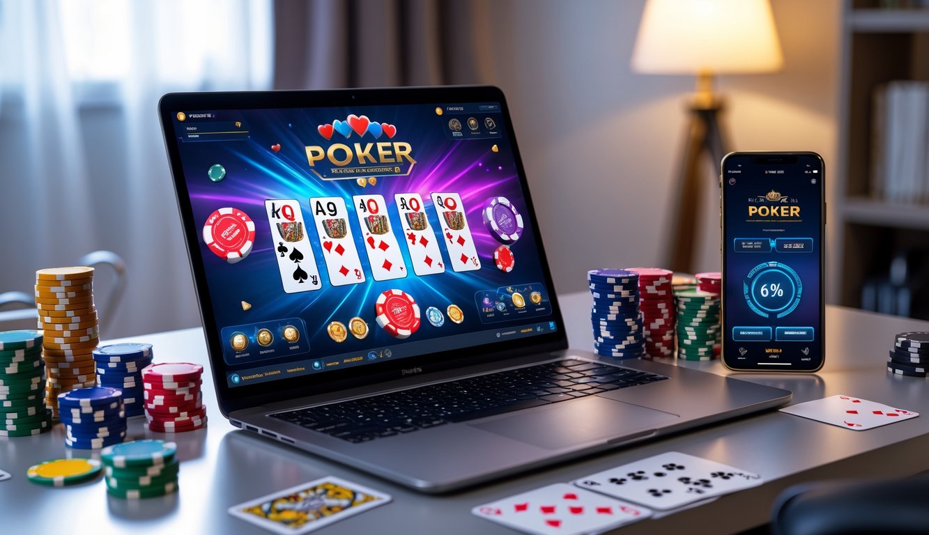 Seorang pemain poker online fokus di depan laptop dengan kartu dan chip poker di meja.