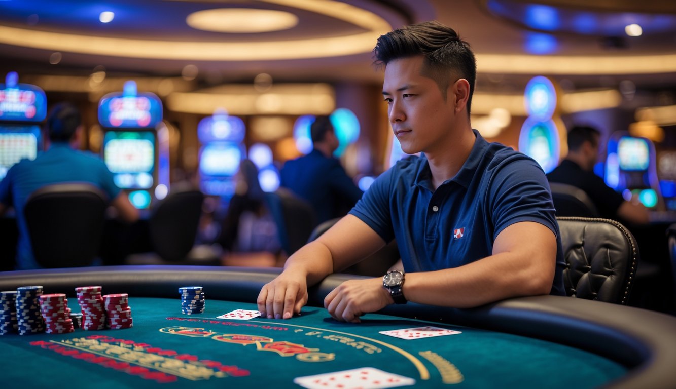 Seorang pemain poker fokus duduk di meja poker dengan kartu dan chip, menggunakan perangkat digital di lingkungan kasino.