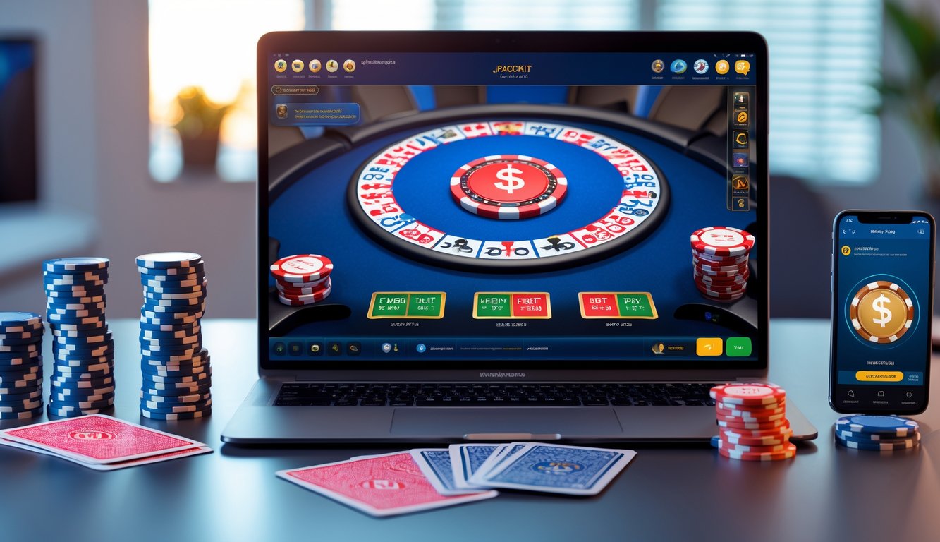 Sebuah laptop menampilkan permainan poker online dengan tumpukan chip poker dan kartu di sekitarnya di ruang kerja modern.
