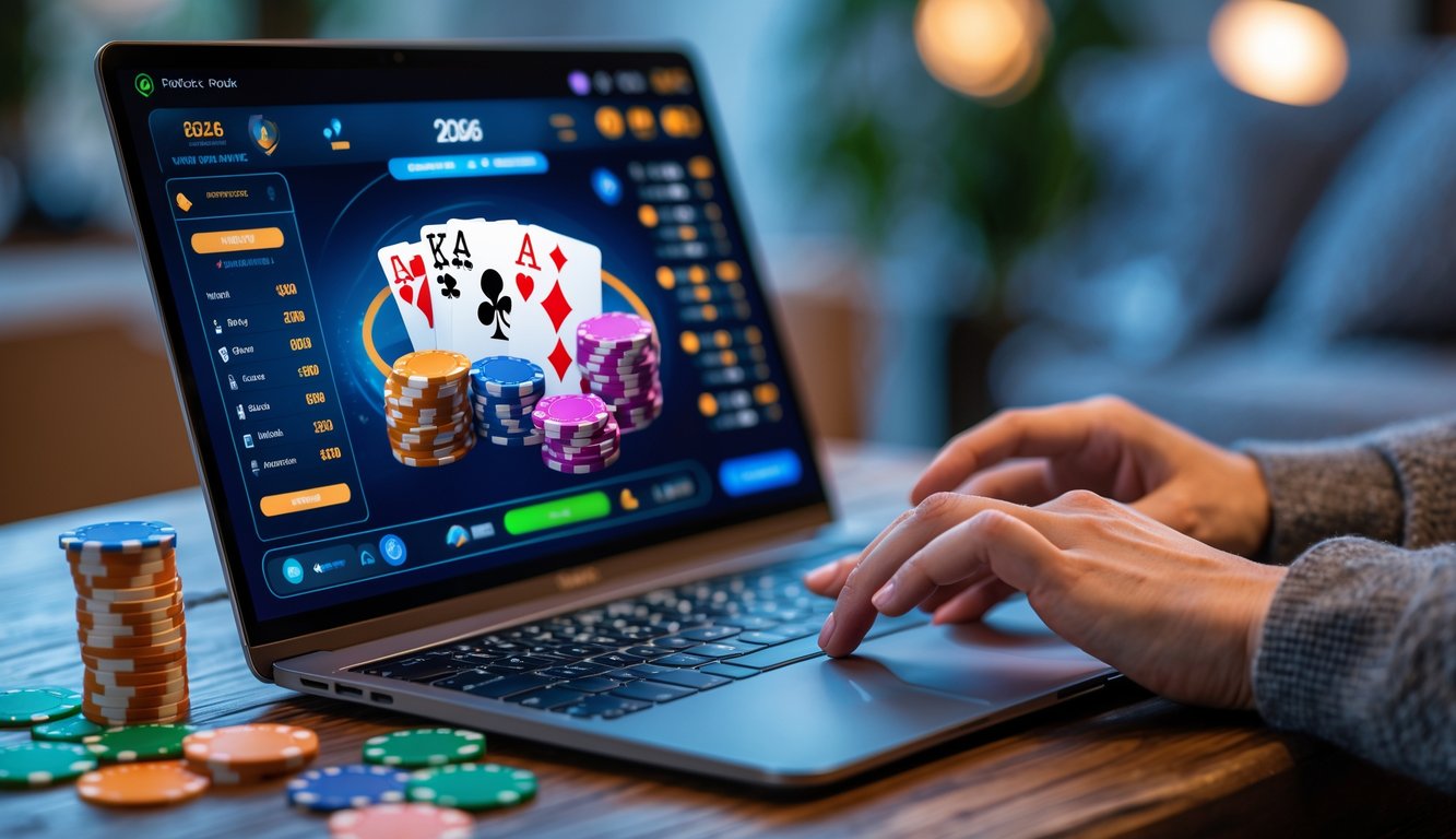 Seorang pemain sedang bermain poker online di laptop dengan tumpukan chip poker di sampingnya di dalam ruangan yang nyaman.