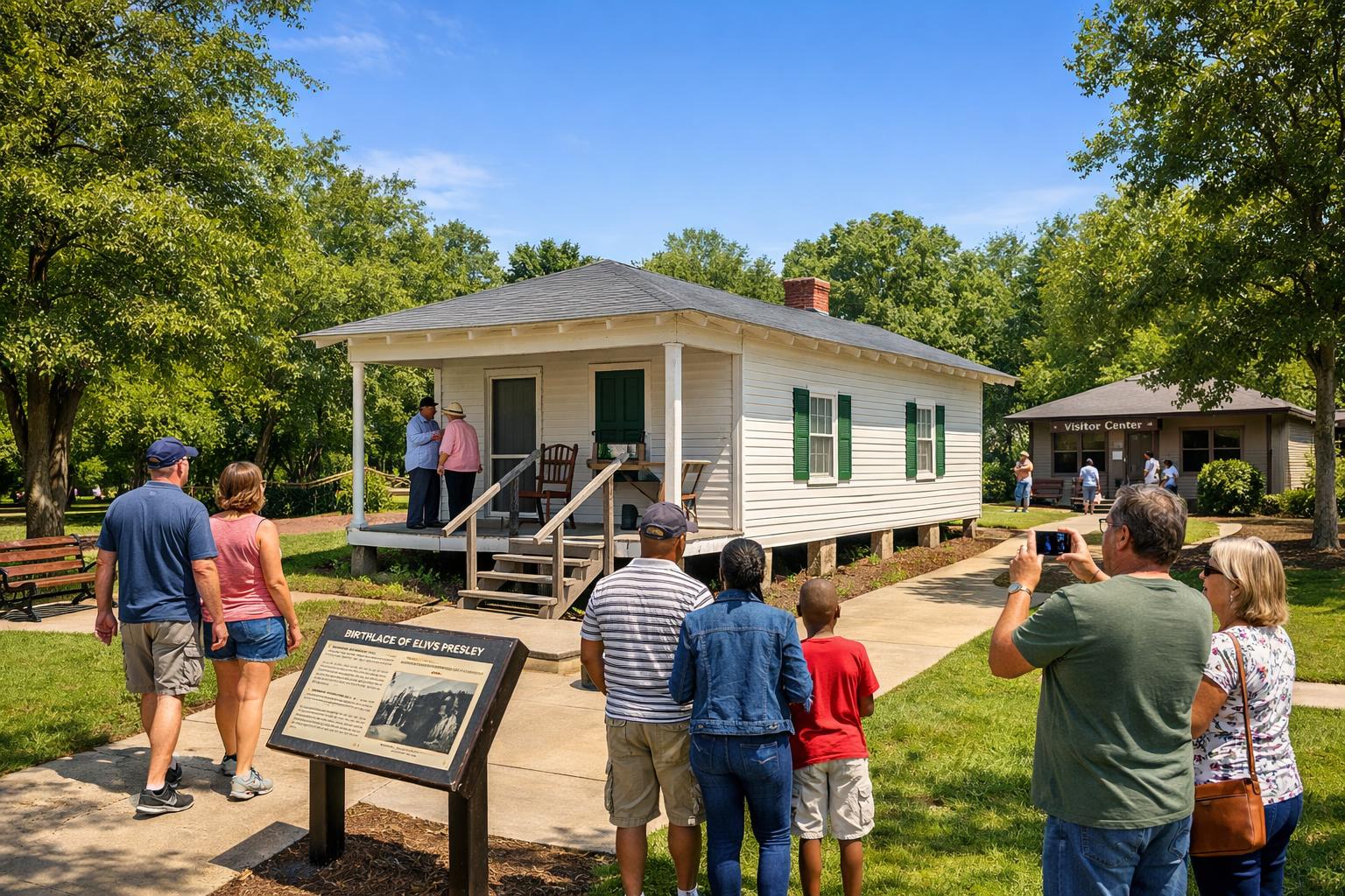 Visitors walking toward the small white wooden house of Elvis Presley's birthplace surrounded by trees and green lawn on a sunny day.
