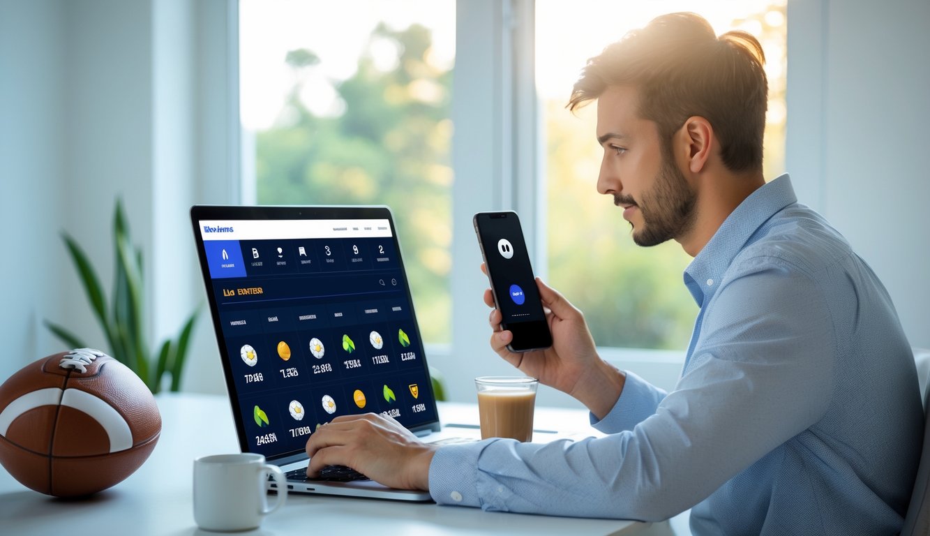 Seorang pria muda duduk di depan laptop di ruang kerja rumah yang terang, fokus pada layar yang menampilkan situs taruhan olahraga online, dengan bola dan headphone di meja di sekitarnya.