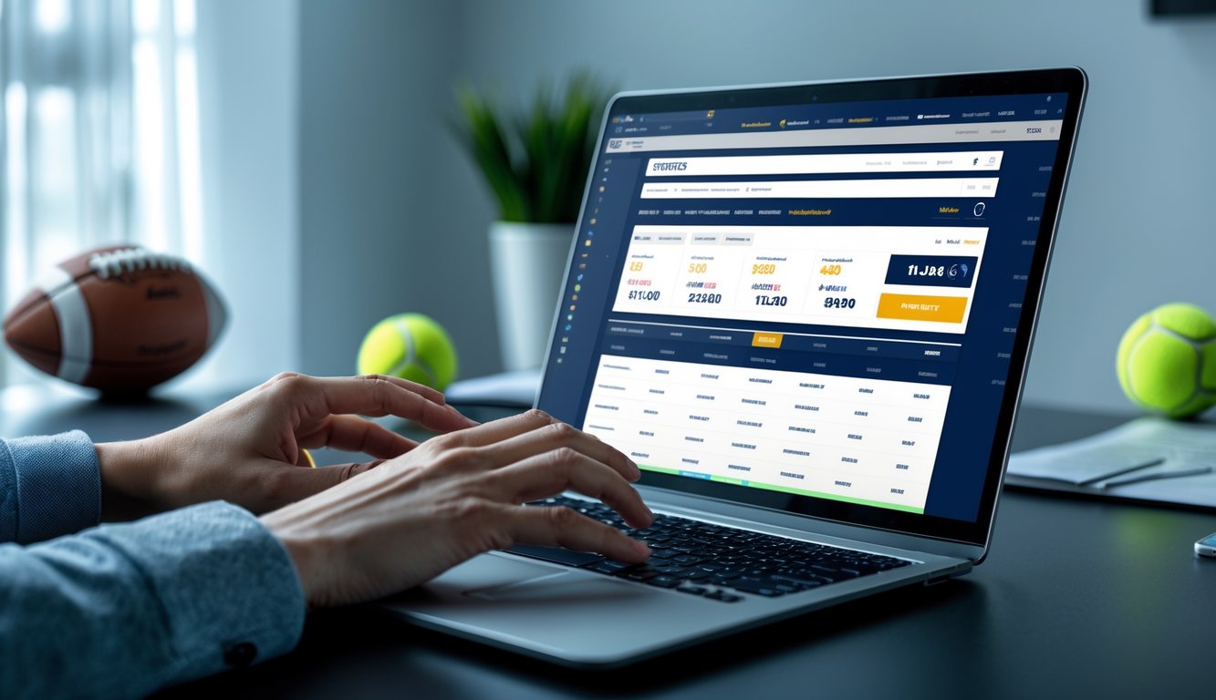 Seseorang menggunakan laptop dengan situs taruhan olahraga online terbuka, dikelilingi oleh bola sepak, bola basket, dan bola tenis di meja kerja yang rapi.