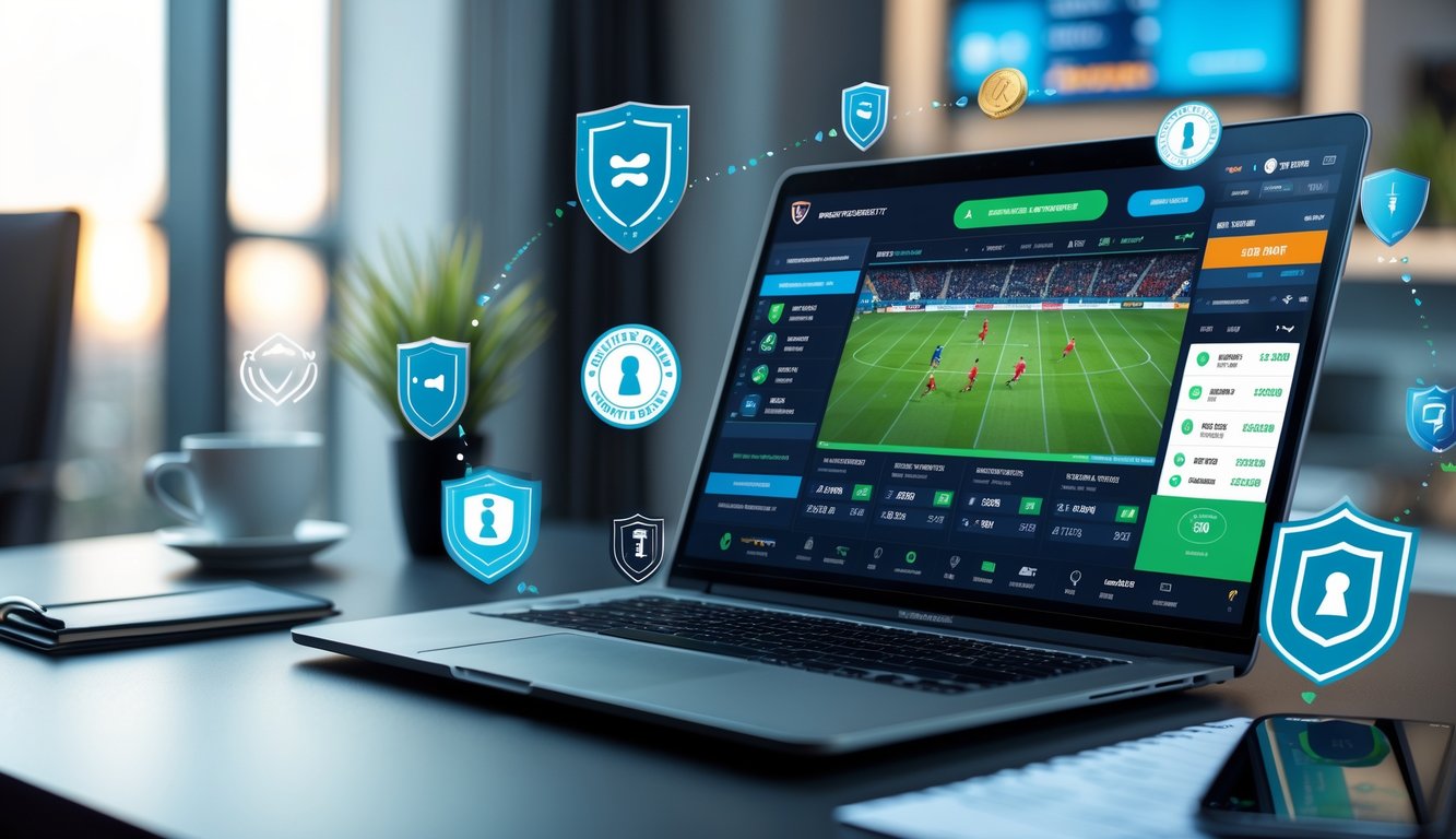 Seorang pria duduk di depan laptop dengan tampilan antarmuka taruhan olahraga online yang menampilkan berbagai pertandingan dan simbol keamanan di meja kerja yang rapi.