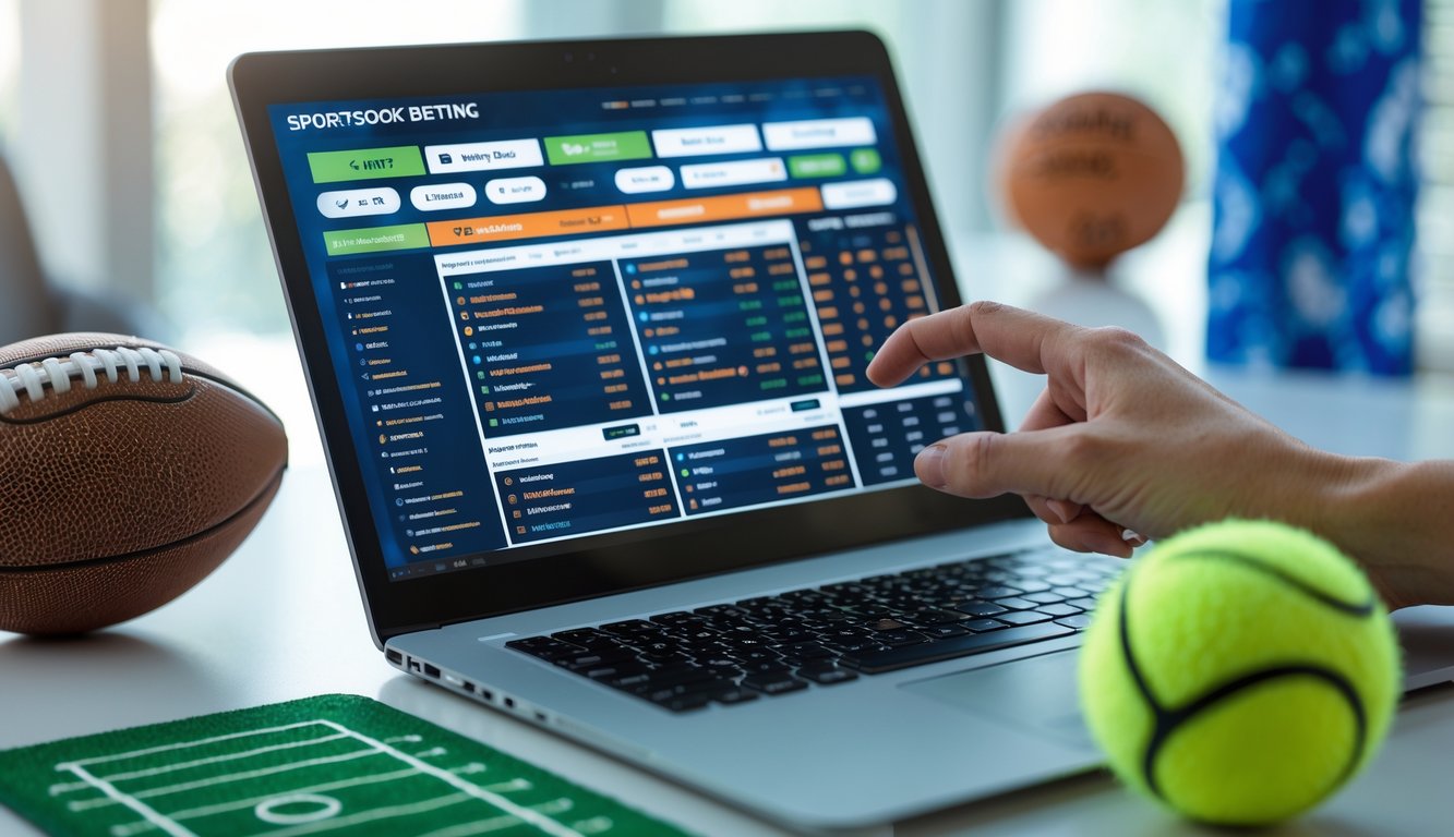 Seseorang menggunakan laptop di meja dengan bola olahraga di sekitarnya, menampilkan situs taruhan olahraga online.