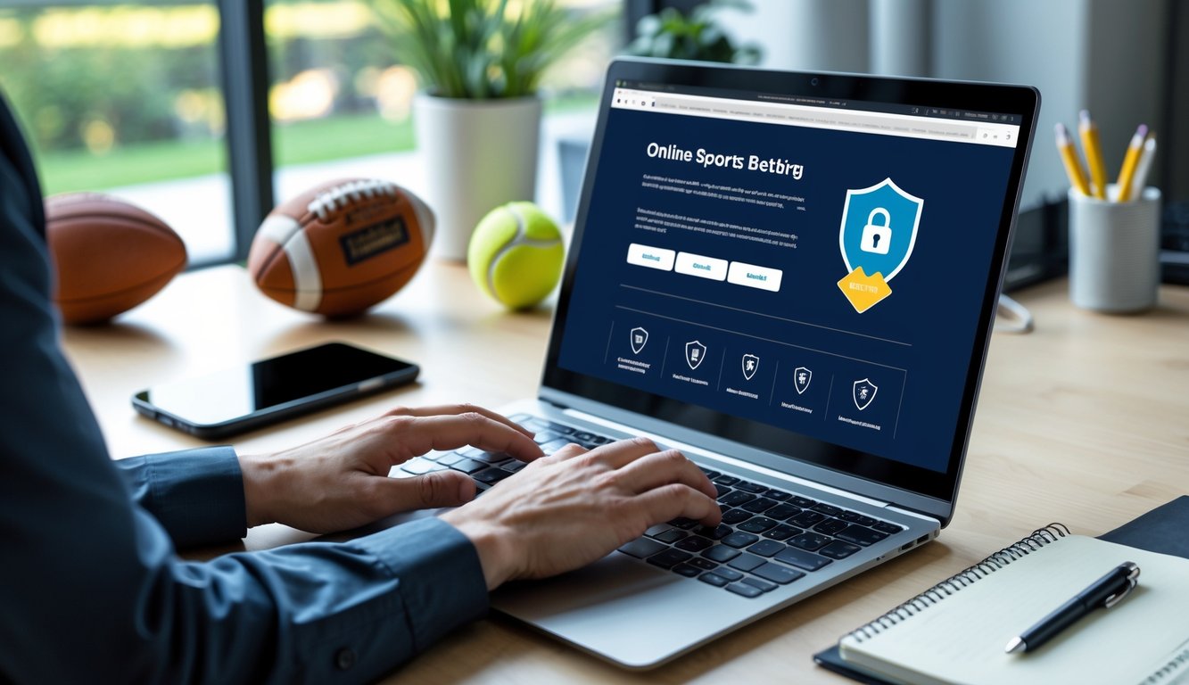 Seseorang menggunakan laptop di meja kerja dengan bola olahraga di sekitar, menunjukkan aktivitas taruhan olahraga online yang aman.