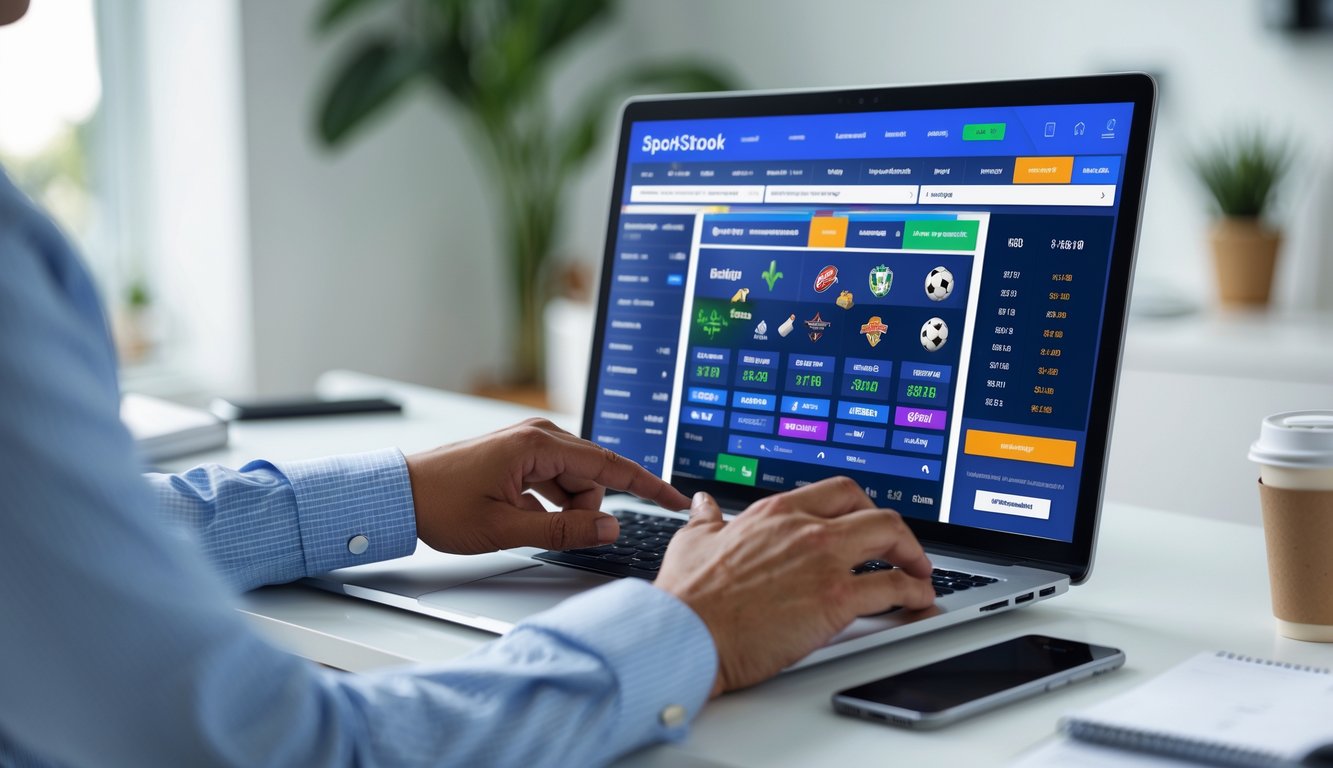 Seseorang sedang menggunakan komputer dengan tampilan situs taruhan olahraga online di layar dalam ruangan yang terang.