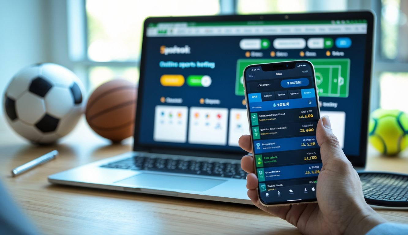 Meja kerja dengan laptop dan ponsel yang menampilkan situs taruhan olahraga online, dengan bola sepak, bola basket, dan raket tenis di latar belakang.