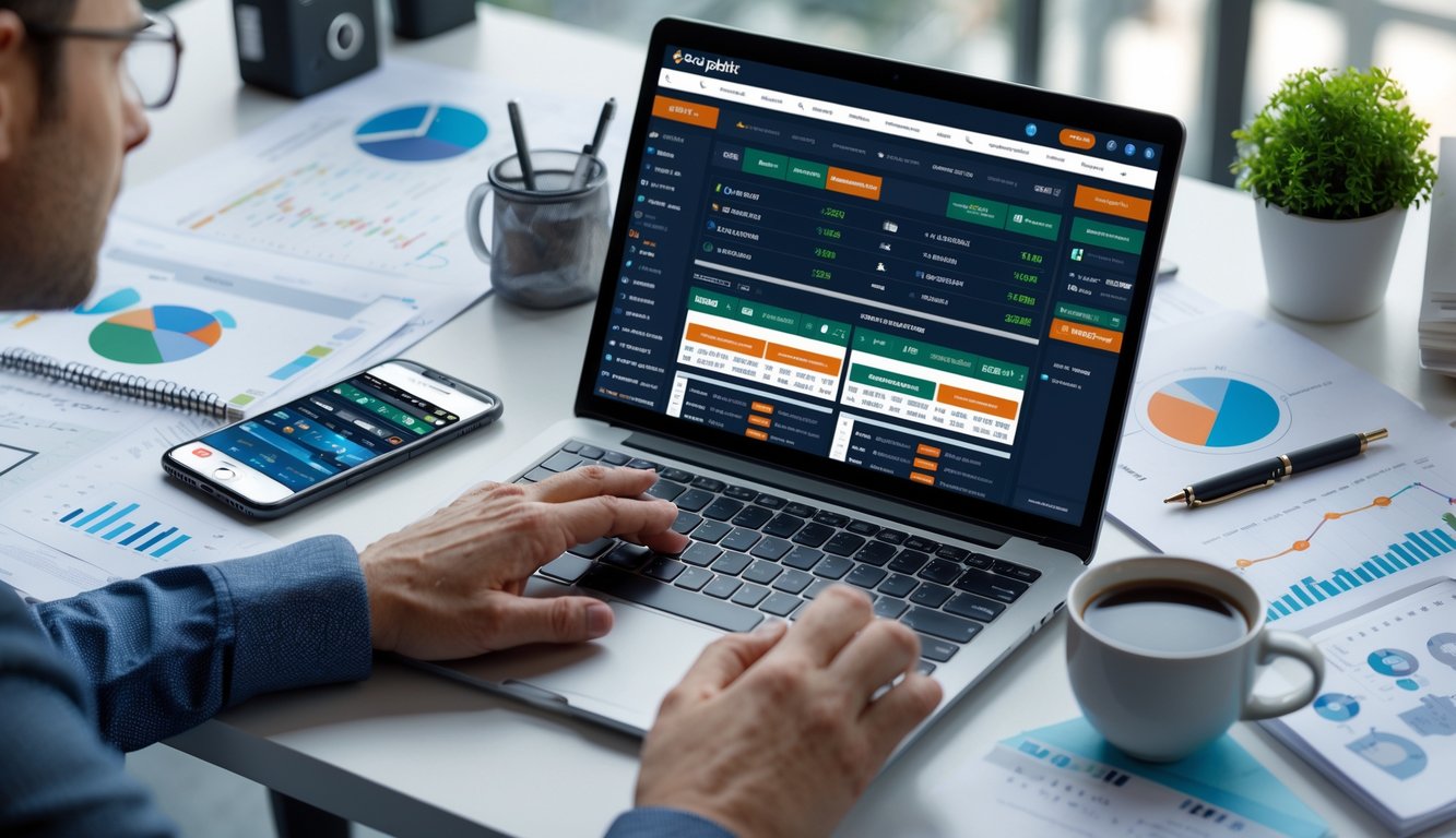 Seorang pria sedang menggunakan laptop di meja kerja dengan grafik dan data taruhan olahraga yang terlihat di layar, dikelilingi oleh alat analisis dan catatan.