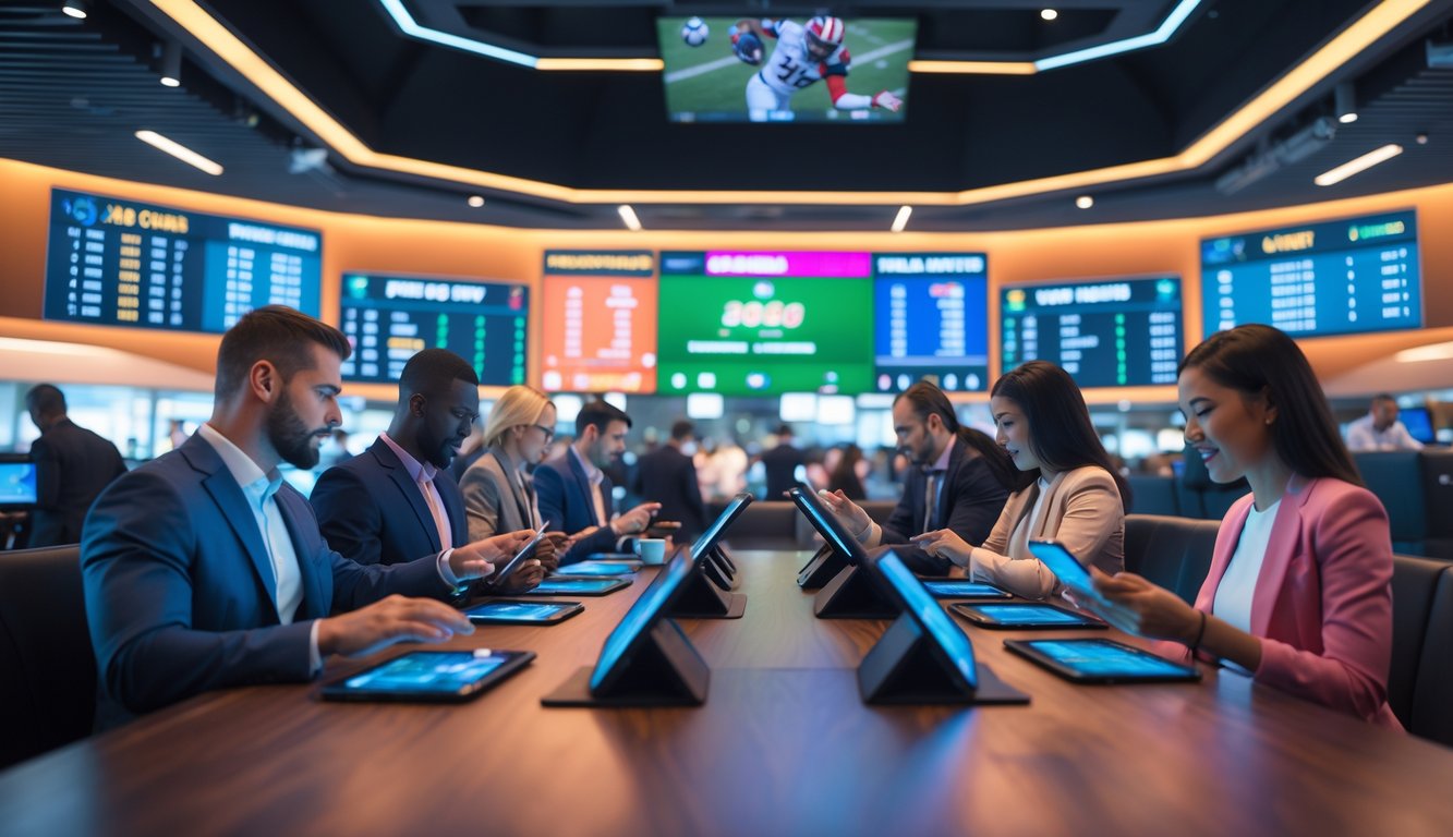 Orang-orang menggunakan perangkat digital untuk memasang taruhan olahraga di dalam ruangan sportsbook modern dengan layar besar yang menampilkan pertandingan olahraga.