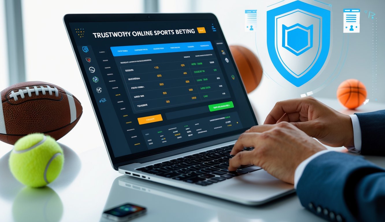 Seseorang menggunakan laptop dengan tampilan situs taruhan olahraga online yang terpercaya, dikelilingi oleh bola sepak, bola basket, dan bola tenis.