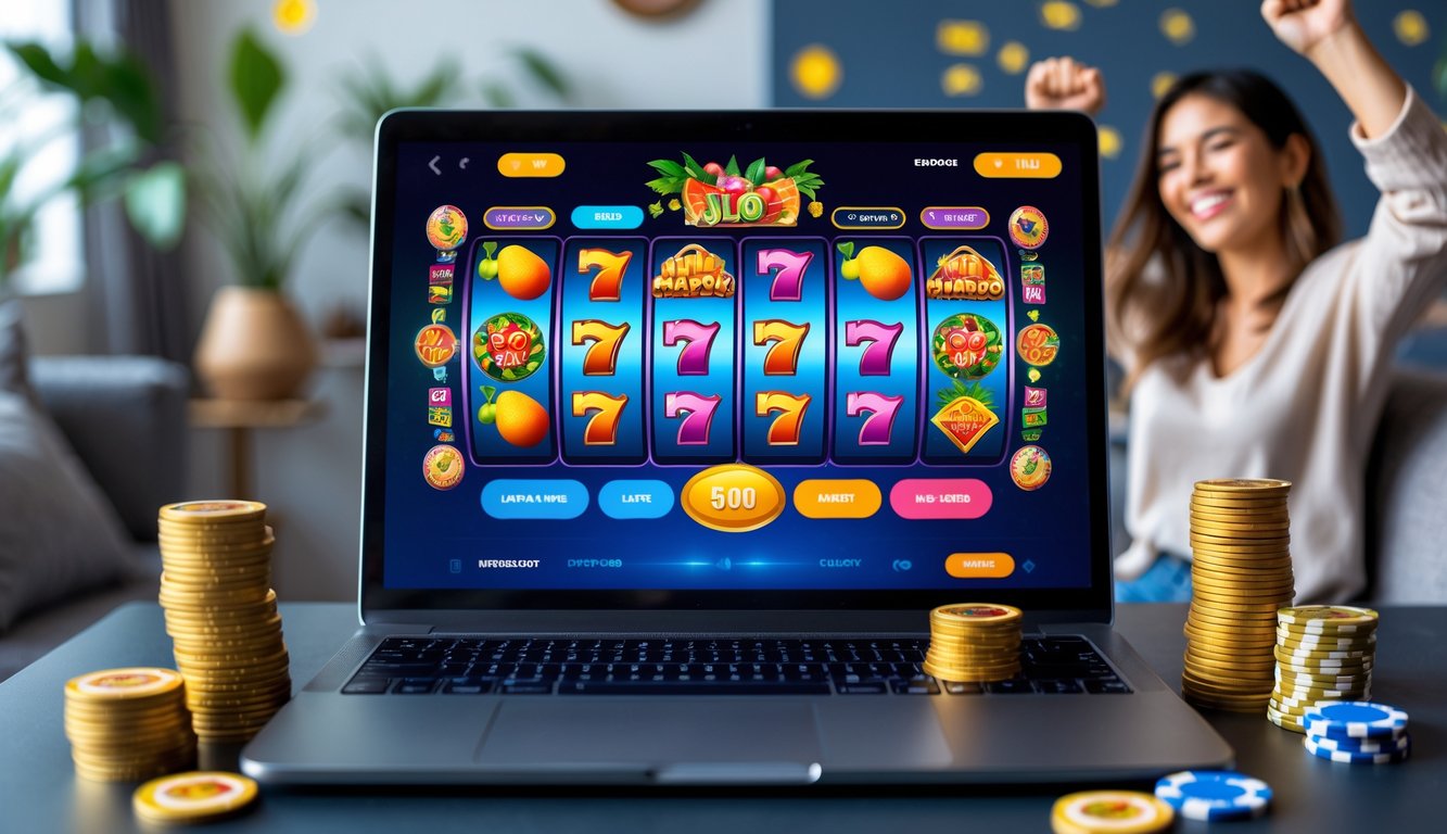 Seorang pemain tersenyum sambil bermain mesin slot online di komputer dengan koin dan chip kasino di sekitar meja.