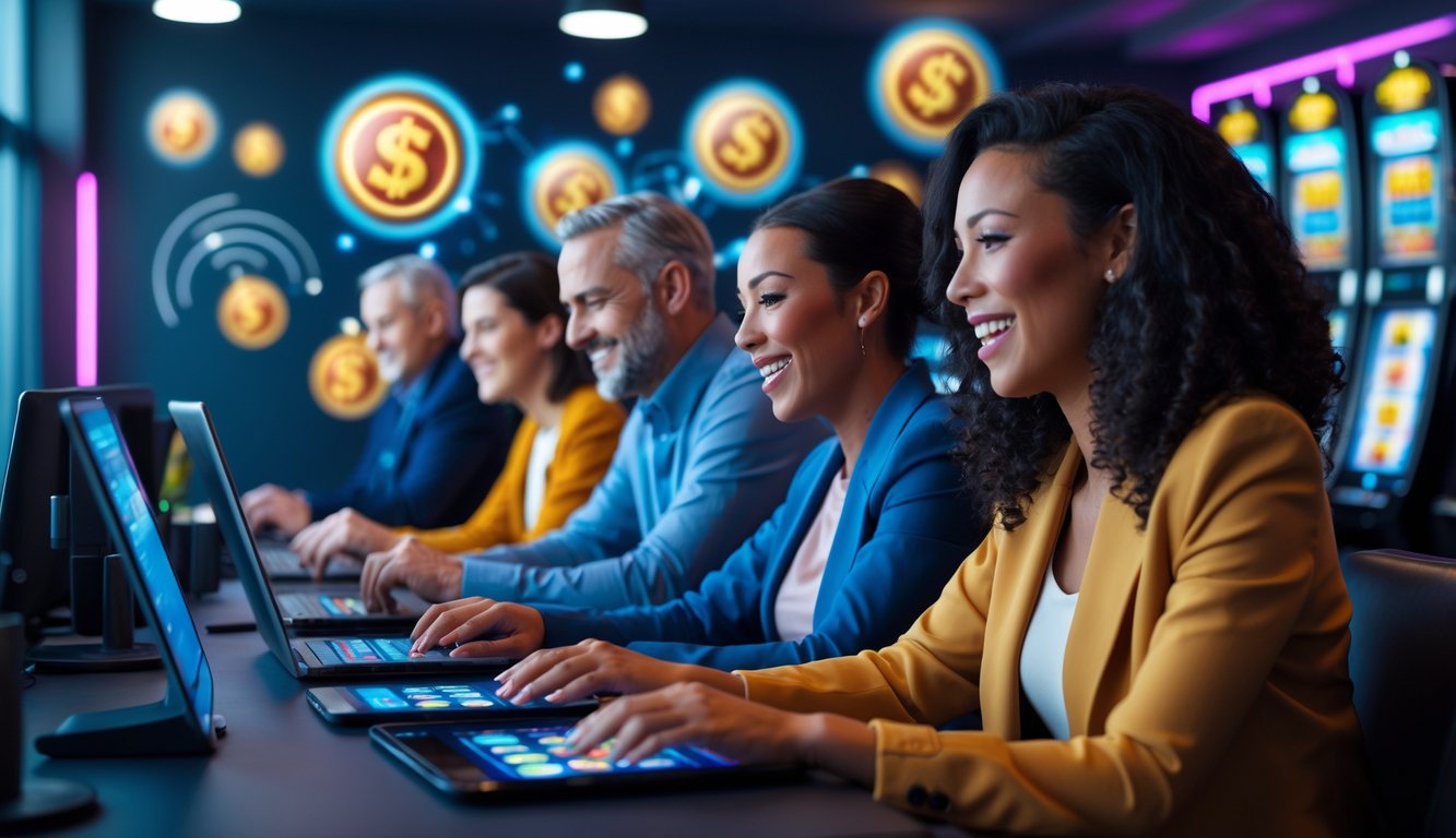 Beberapa orang dewasa sedang bermain slot online dengan perangkat digital di ruangan yang terang dan modern.