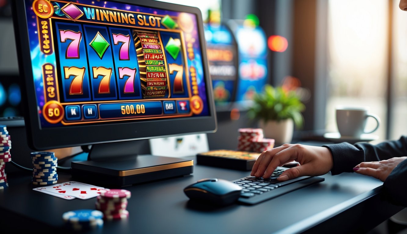 Meja dengan komputer menampilkan permainan slot online, tangan seseorang sedang menggunakan mouse, dengan dekorasi kasino di sekitar.