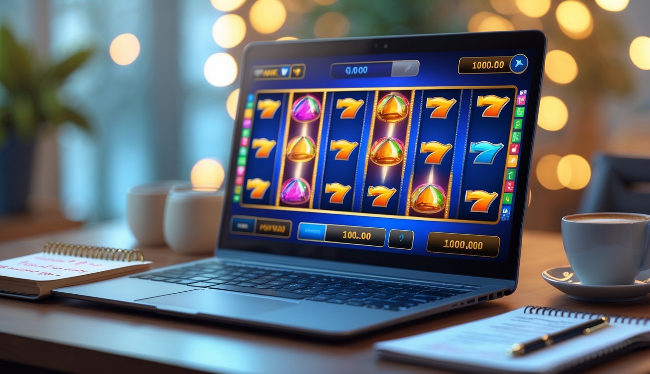 Seorang pemain sedang menggunakan komputer dengan permainan slot online di layar, dikelilingi oleh catatan dan alat tulis di meja.