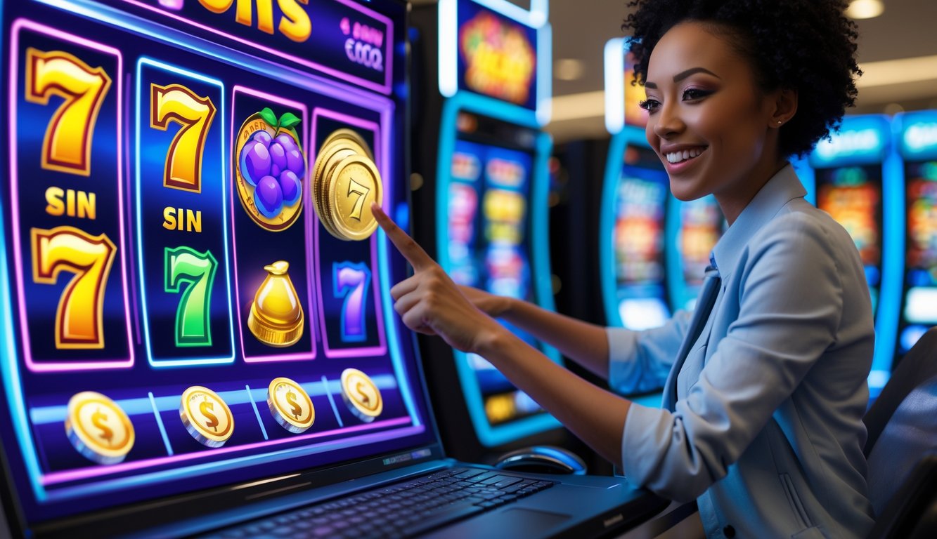 Seseorang yang tampak senang menggunakan permainan slot online di laptop dengan latar belakang simbol keberuntungan dan keamanan.