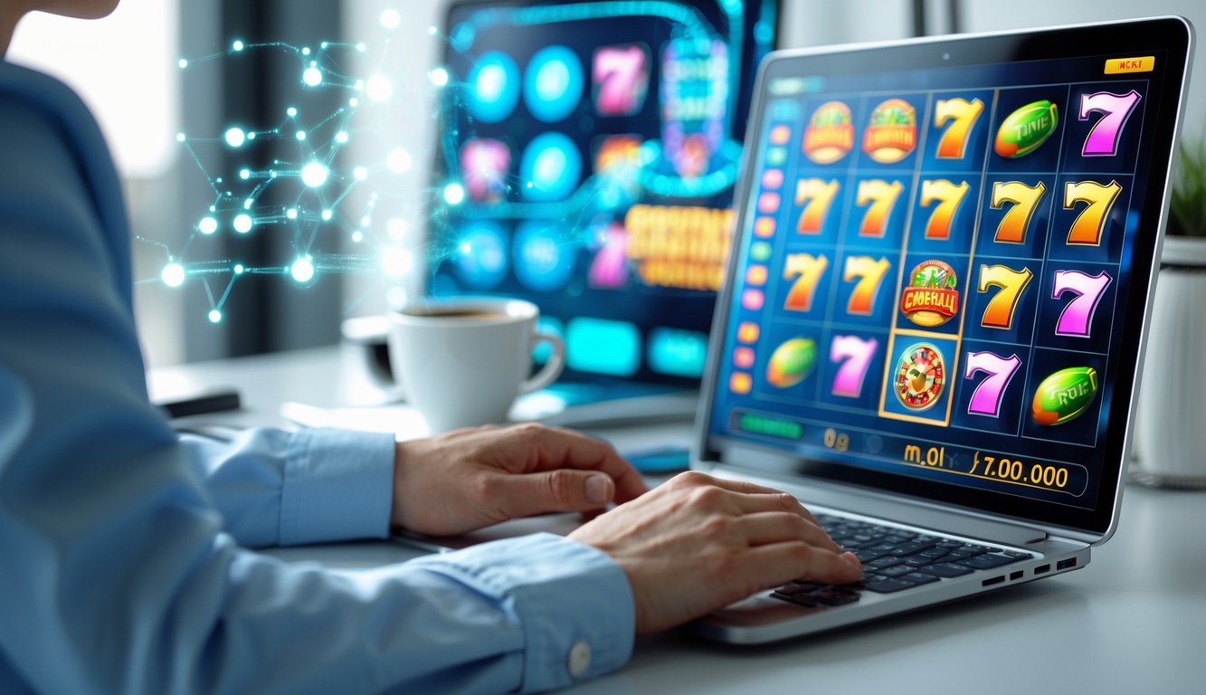 Seorang pengguna sedang bermain game slot online di laptop dengan latar belakang digital yang modern dan terang.
