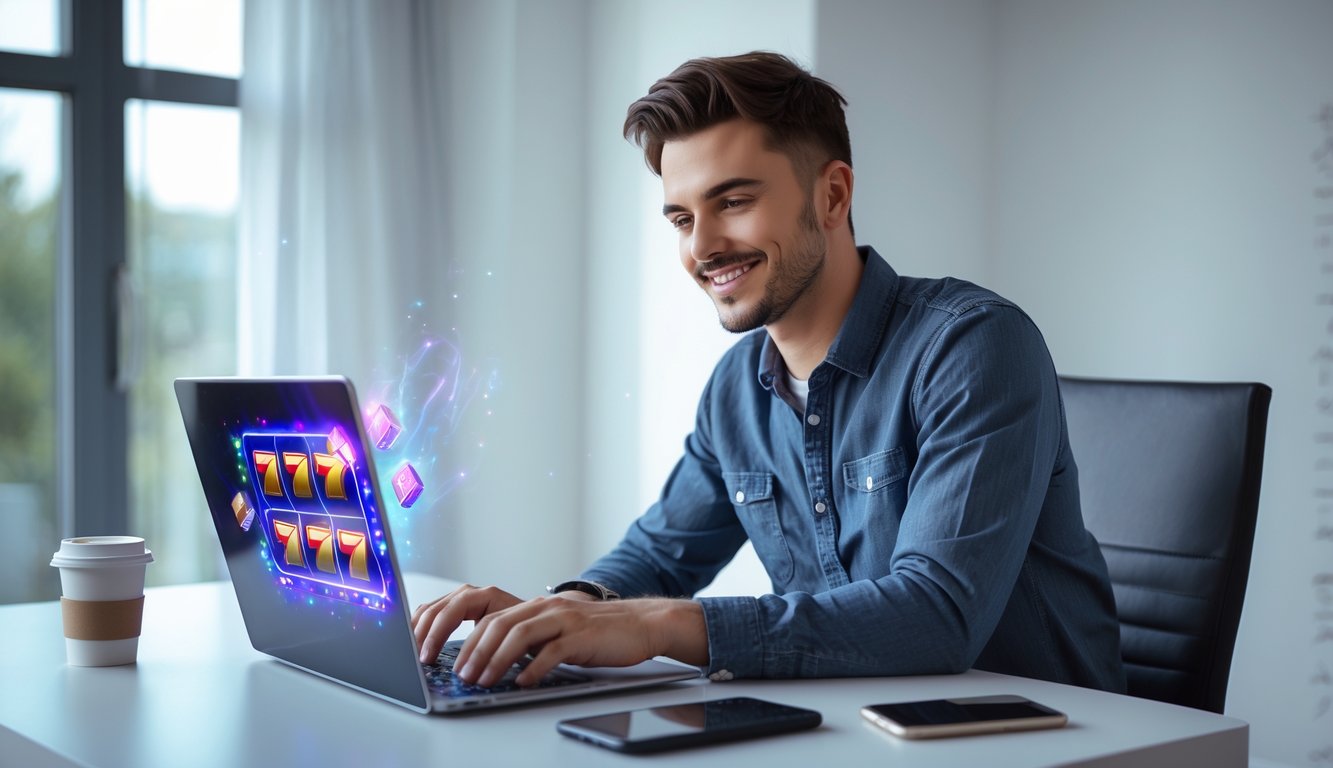 Seorang pria muda duduk di meja dengan laptop, fokus bermain permainan slot online dengan ekspresi optimis.