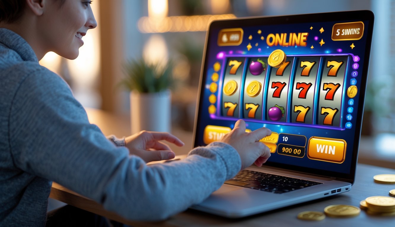 Seorang pemuda fokus bermain mesin slot online di komputer dengan latar belakang ruangan yang nyaman.