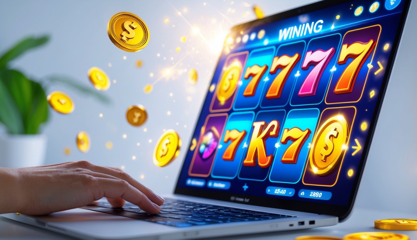 Tangan seseorang sedang menggunakan komputer dengan layar menampilkan permainan slot online yang penuh warna dan simbol keberuntungan seperti koin emas dan jackpot.
