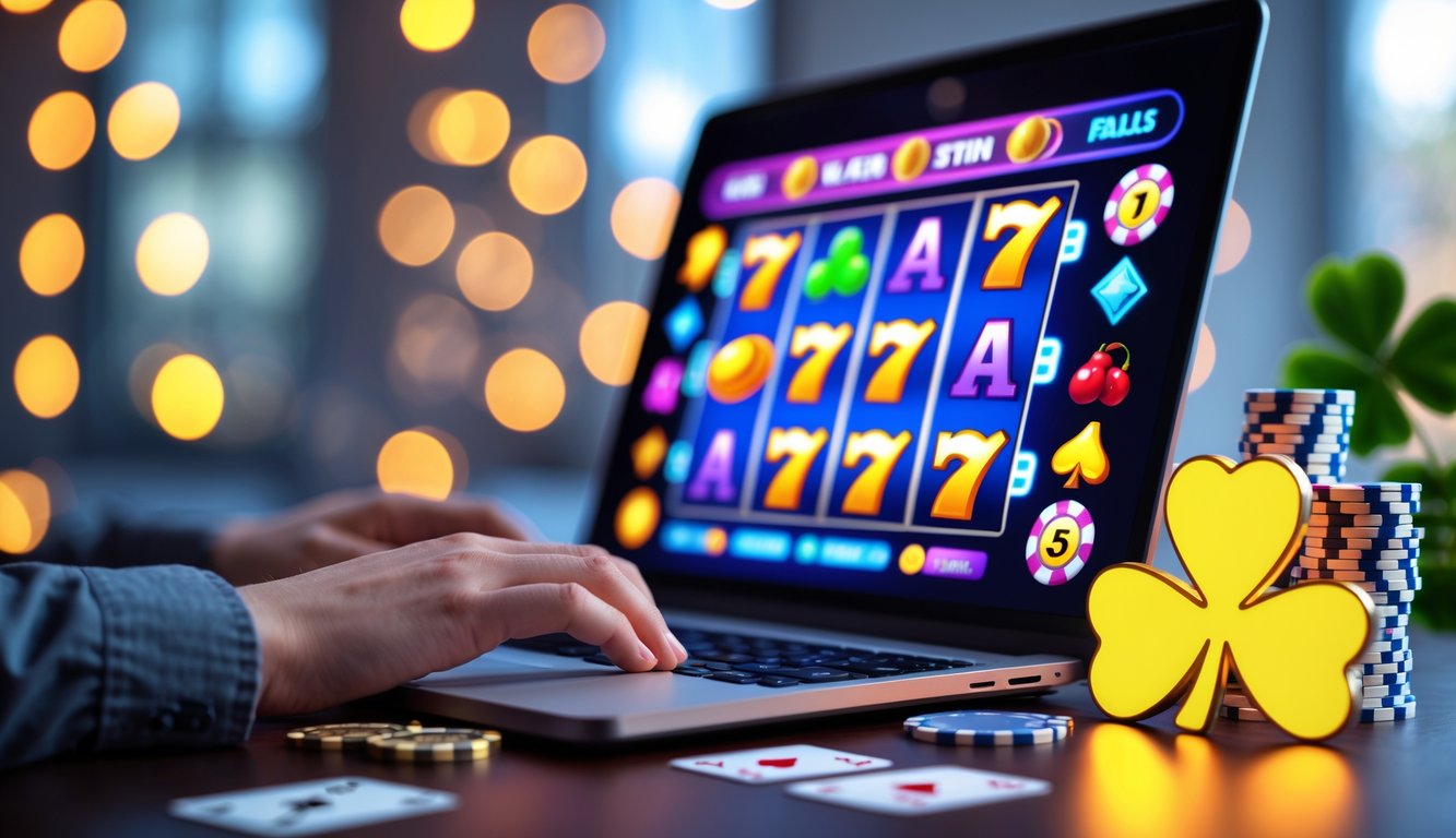 Layar komputer menampilkan permainan slot online dengan gulungan berwarna-warni dan simbol keberuntungan di sekitarnya.