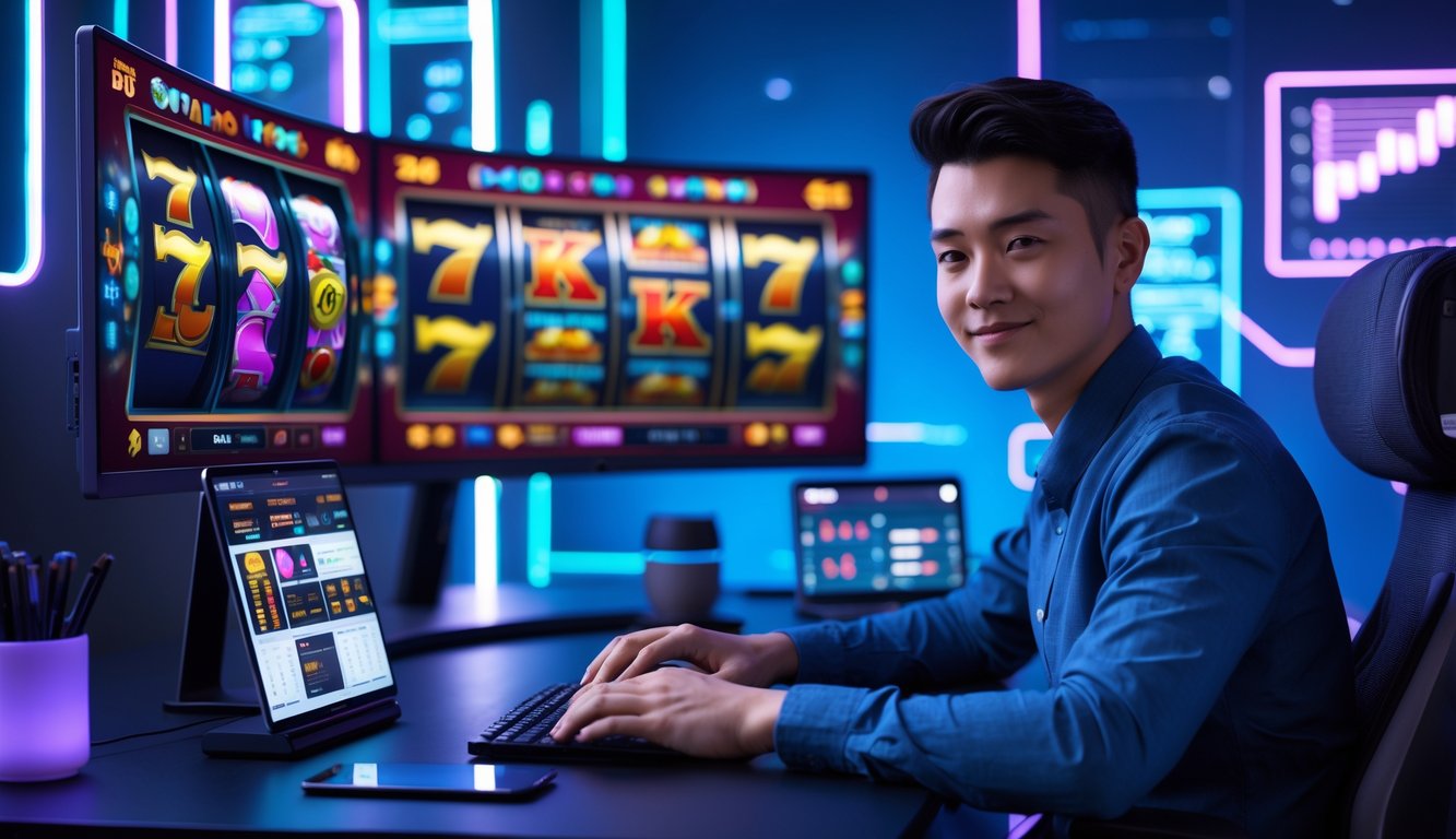 Seorang dewasa muda duduk di depan komputer dengan tampilan mesin slot berwarna-warni di layar, di meja terdapat ponsel dan tablet dengan grafik, di latar belakang ada cahaya neon biru dan ungu.