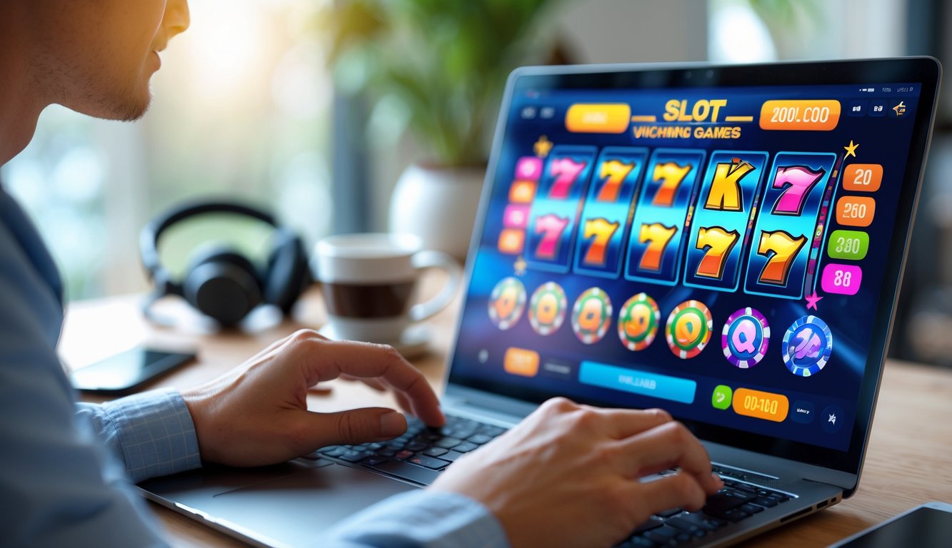 Seseorang menggunakan komputer dengan layar menampilkan permainan slot online berwarna-warni, di meja terdapat headphone, ponsel, dan secangkir kopi.