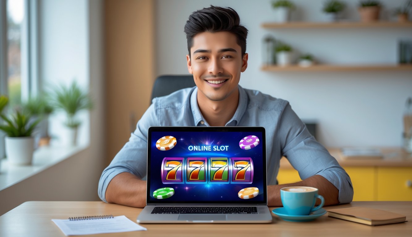 Seorang dewasa muda duduk di meja dengan laptop yang menampilkan permainan slot online, tersenyum dan terlihat fokus di ruang kerja rumah yang terang.