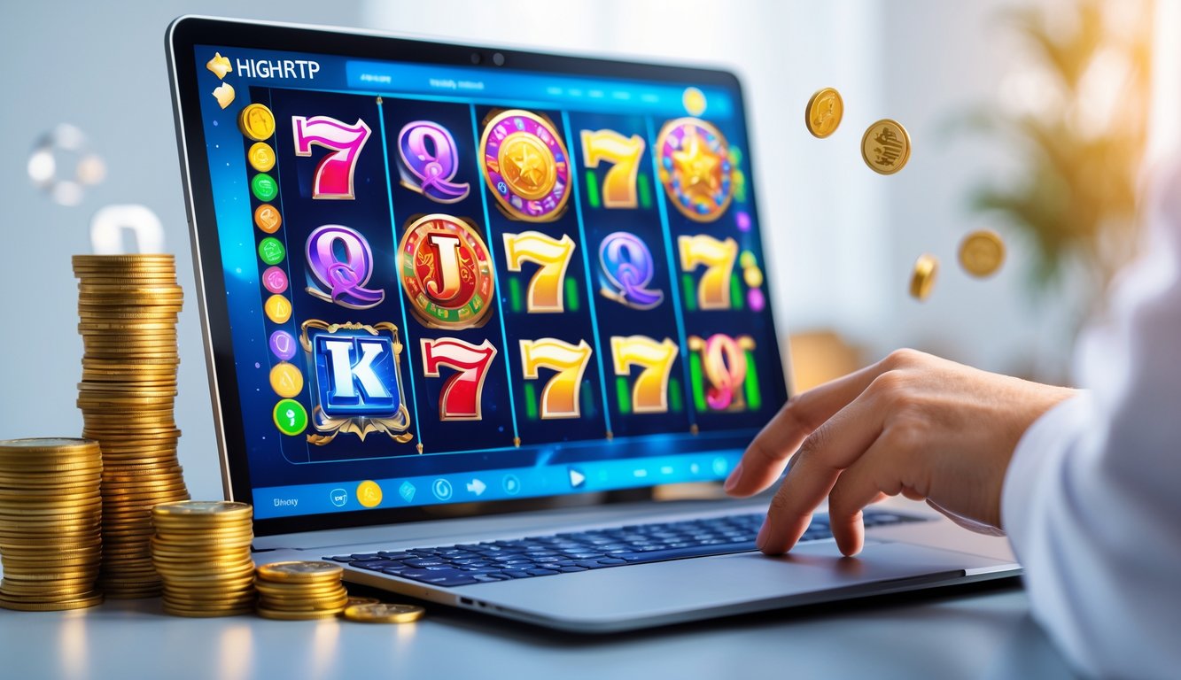 Seorang pemain menggunakan komputer dengan tampilan permainan slot online yang berwarna-warni, dikelilingi oleh tumpukan koin dan simbol jackpot.