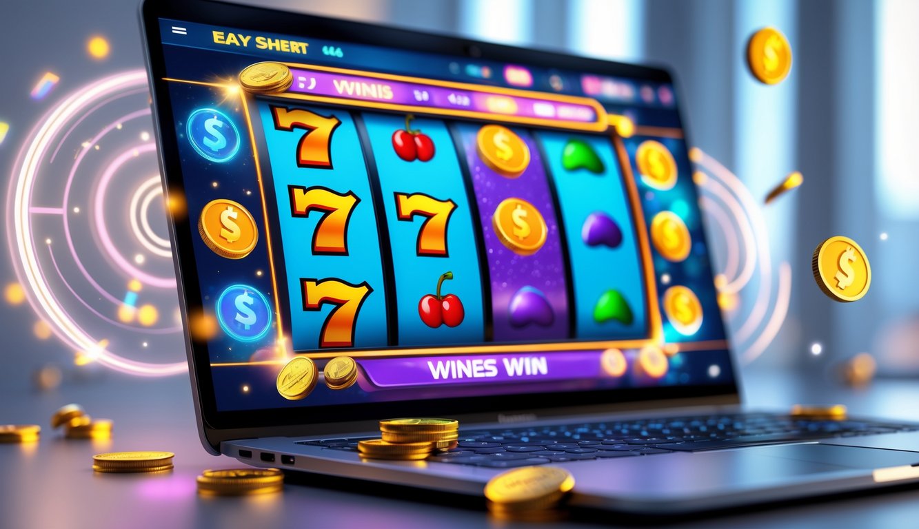 Sebuah layar komputer menampilkan mesin slot online dengan simbol warna-warni dan efek cahaya yang menunjukkan kemenangan.
