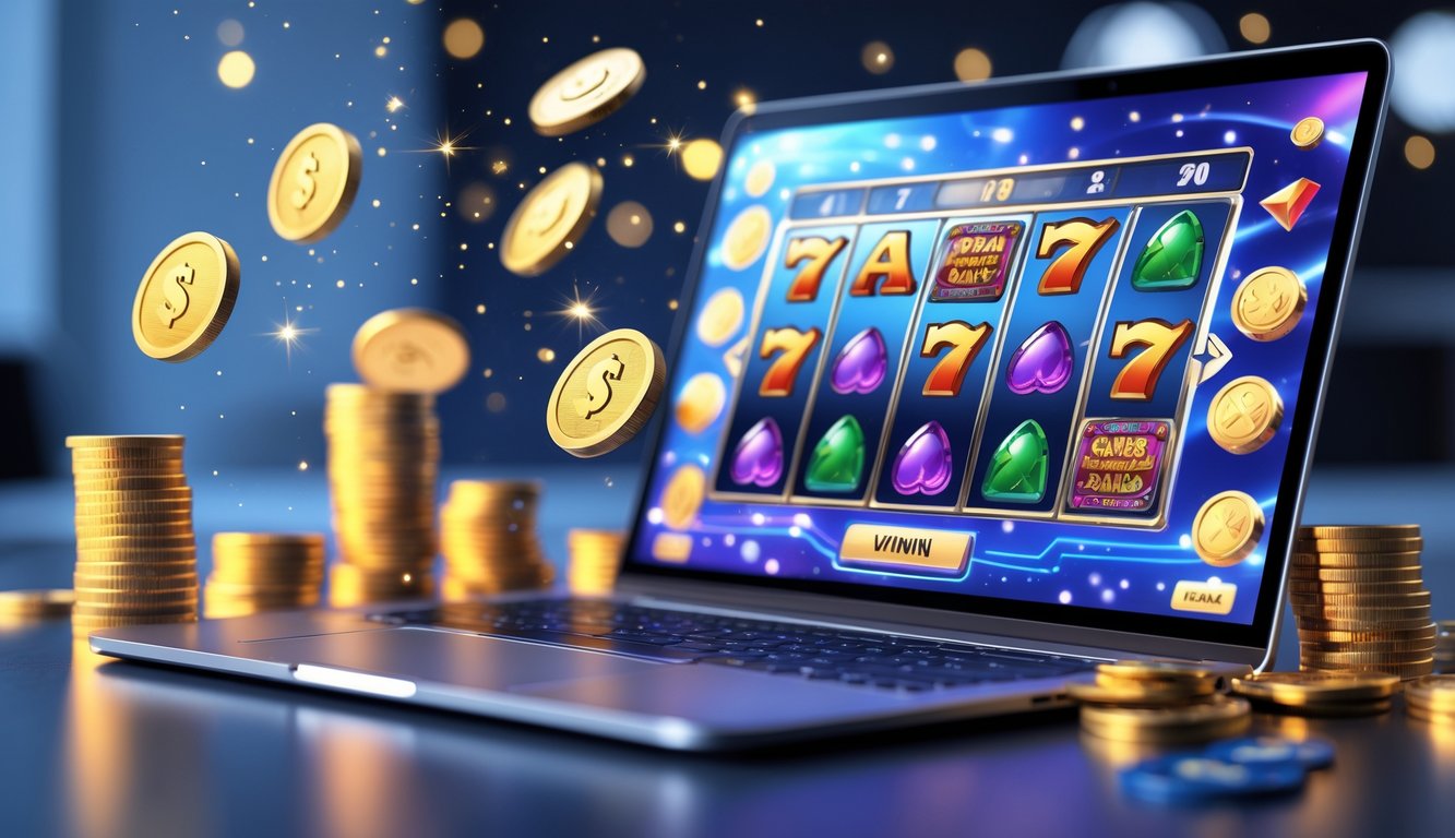 Sebuah layar komputer menampilkan permainan mesin slot online dengan koin emas dan chip poker di sekitarnya.