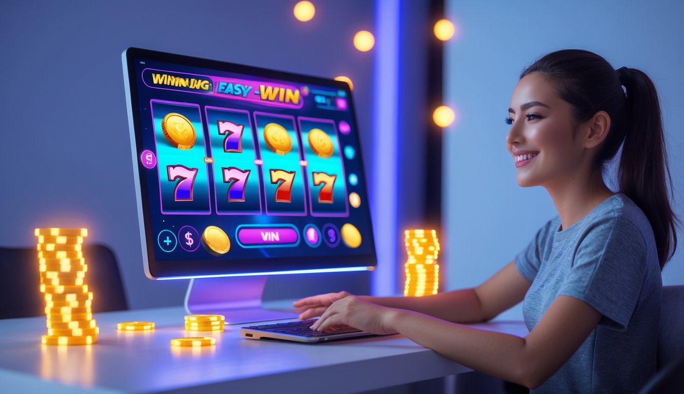 Seorang pemain muda yang sedang bermain slot online di komputer dengan tampilan permainan yang berwarna-warni dan suasana yang cerah dan menyenangkan.