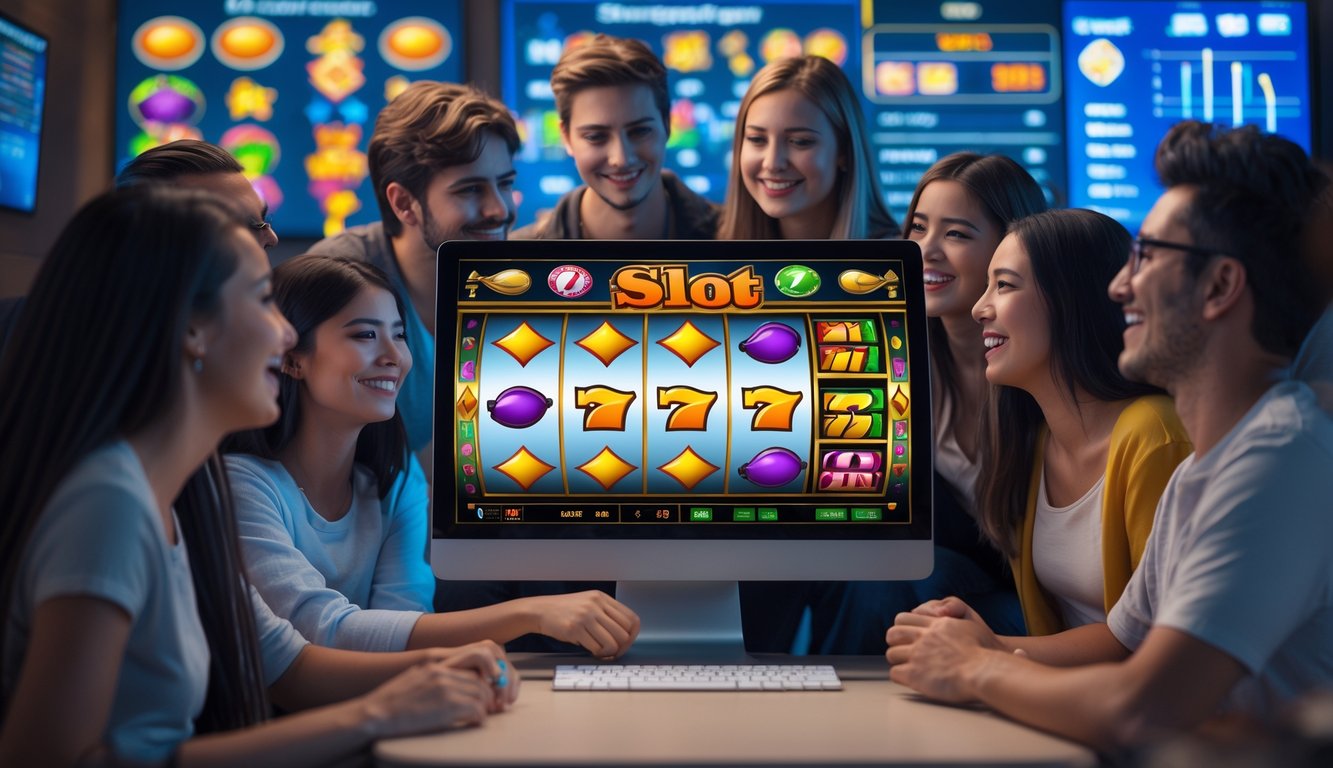 Sekelompok orang muda sedang bermain mesin slot online di depan komputer dalam ruangan yang nyaman.