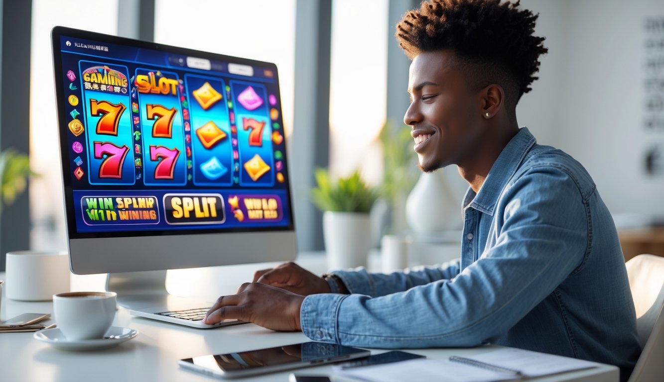 Seseorang sedang bermain permainan slot online di laptop dengan ekspresi fokus dan senang di sebuah meja kerja yang rapi.