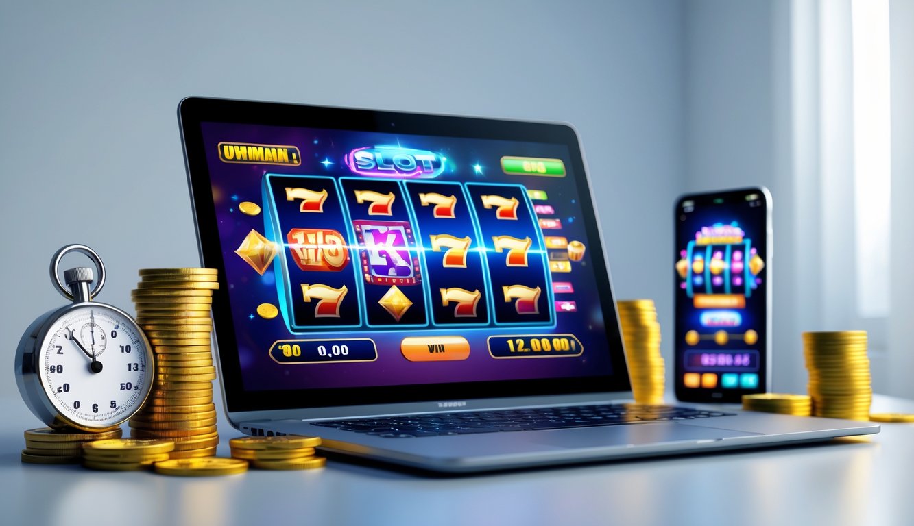 Seseorang menggunakan komputer dengan permainan slot online yang menampilkan gulungan berwarna-warni dan koin di sekitarnya.